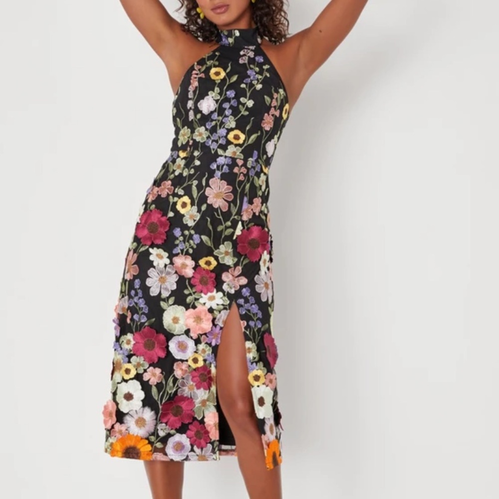 Lulu's Black Halter Midi Dress with Multicolor Floral Embroidery